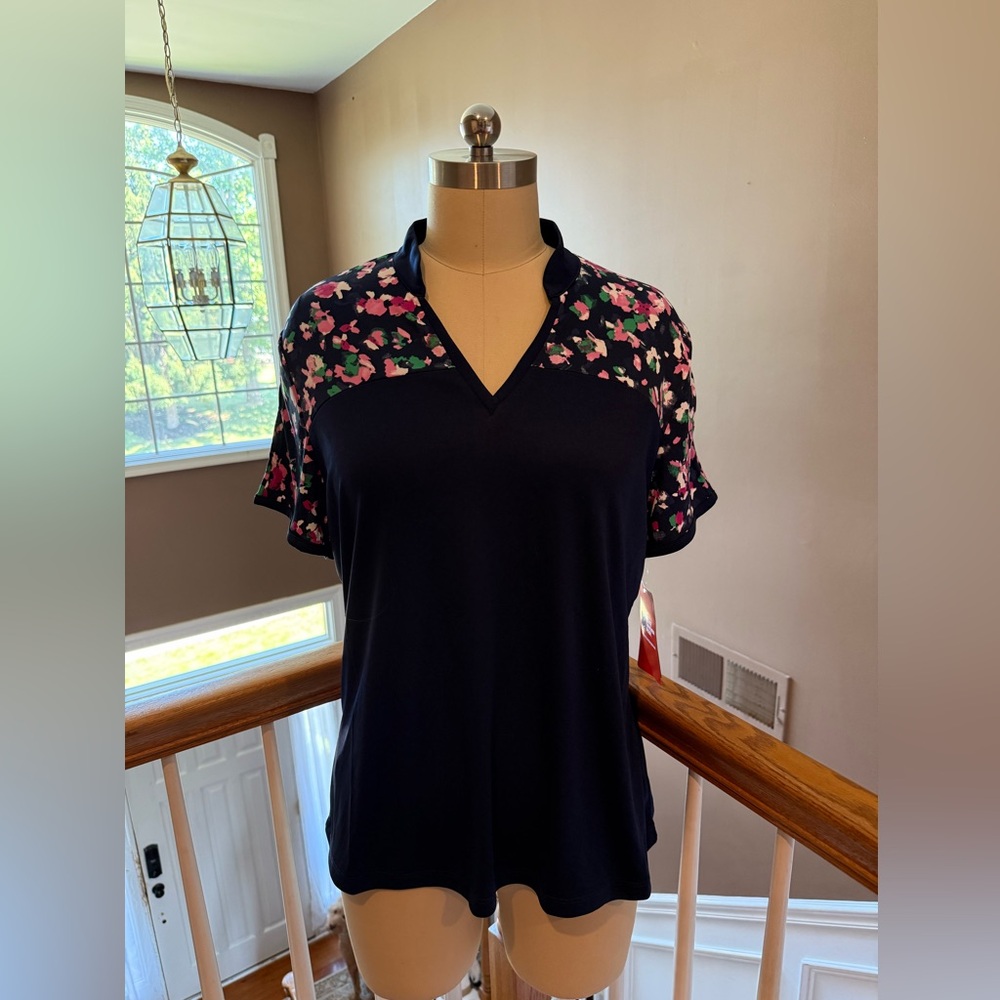 NWT- PGA Tour Navy and Pink v-neck Polo- Golf Shirt w/ abstract floral- Sz XL